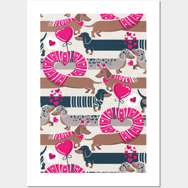 Dachshunds long love // beige background fuchsia pink hearts scarves sweaters and other Valentine's Day details brown nile blue and dark grey spotted funny doxies dog puppies Wall Art by SelmaCardoso